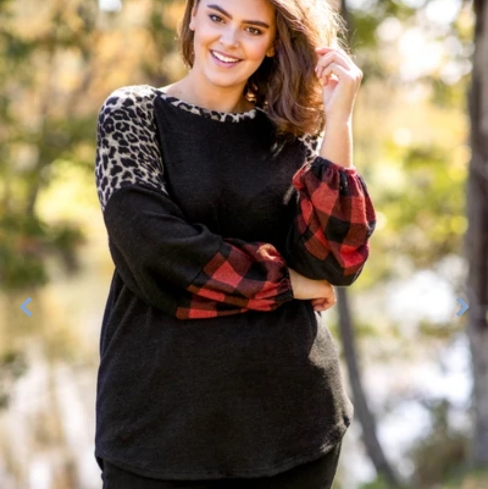New Gorgeous top with red plaid and leopard print and a loose, comfy fit
